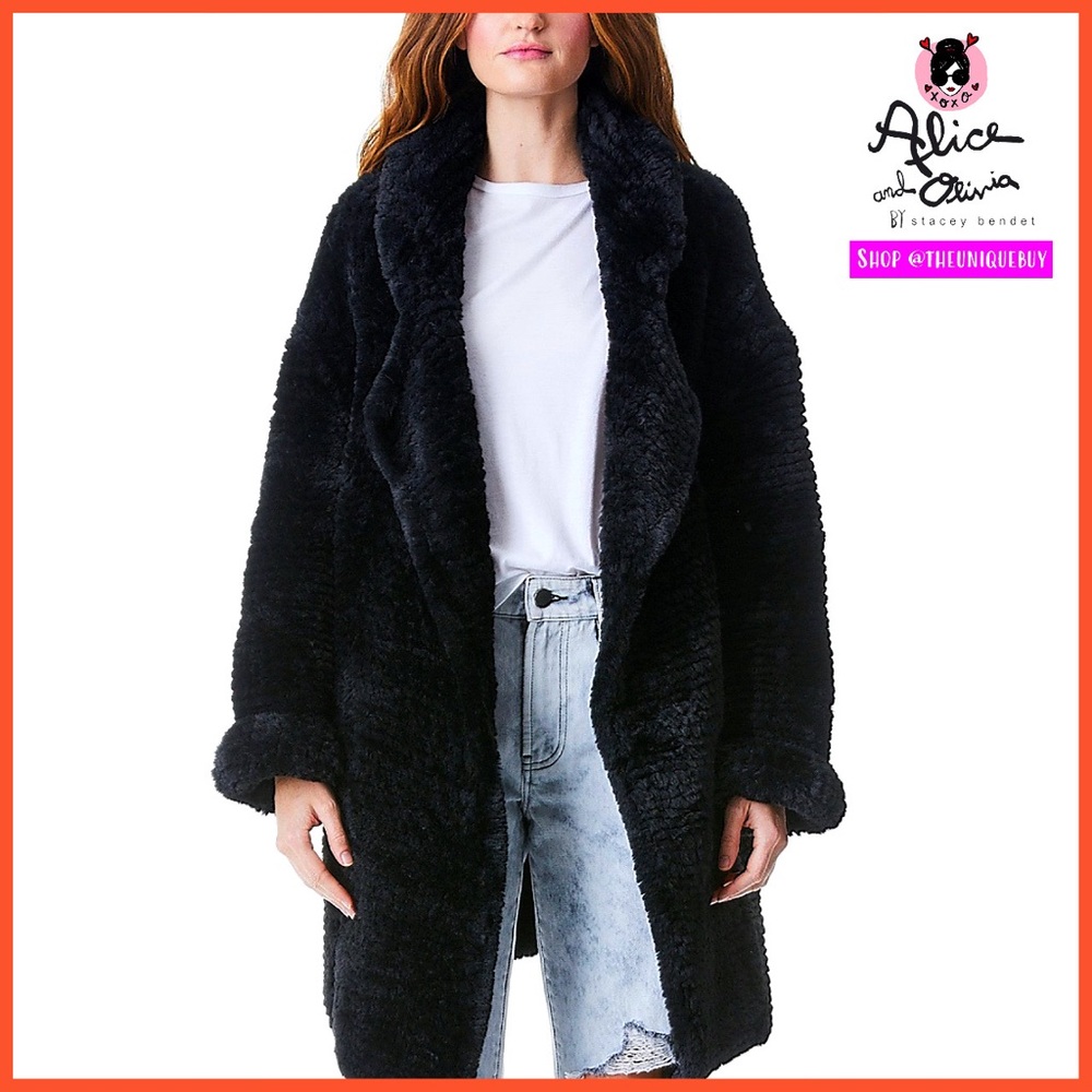 Alice + Olivia Flynn Black Faux Fur Oversized Open Front Midi Coat